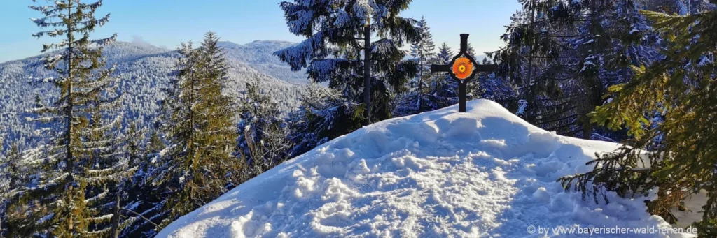 Bayerischer Wald Winter Wanderung Gipfelkreuz